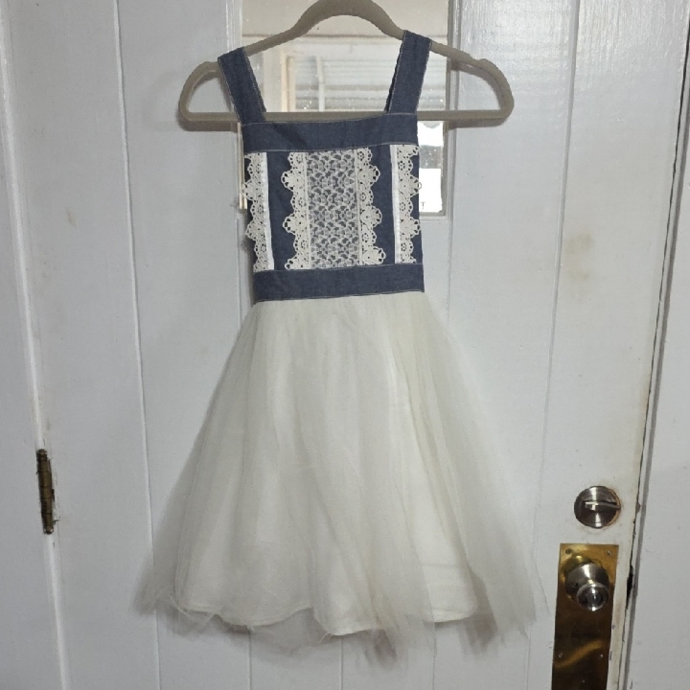 Bonnie Jean Girls Chambray Denim Dress White Tulle Lace Ties Sz 14 EUC